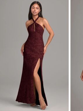 Azazie Ailany Cabernet floral burnout self tie halter